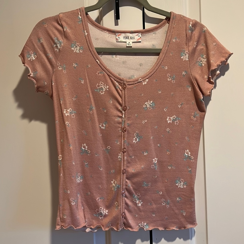 PINK ROSE Size S Pink Floral Button Top Ruffled Trim